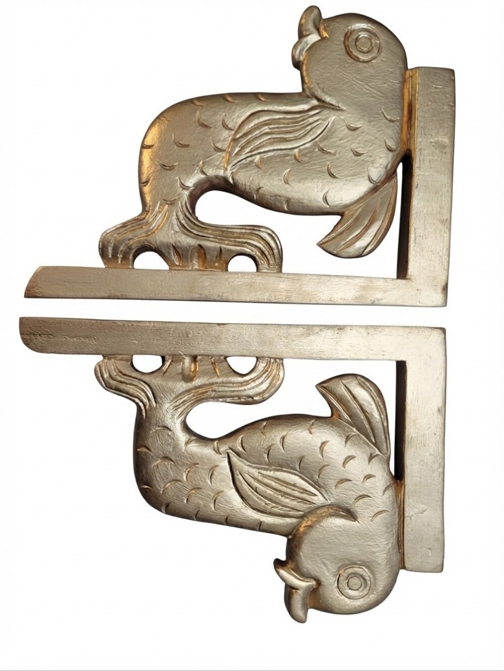 Vintage Hand Carved Wooden Koi Fish Shelf Brackets Gold Gilt Pair Bohemian